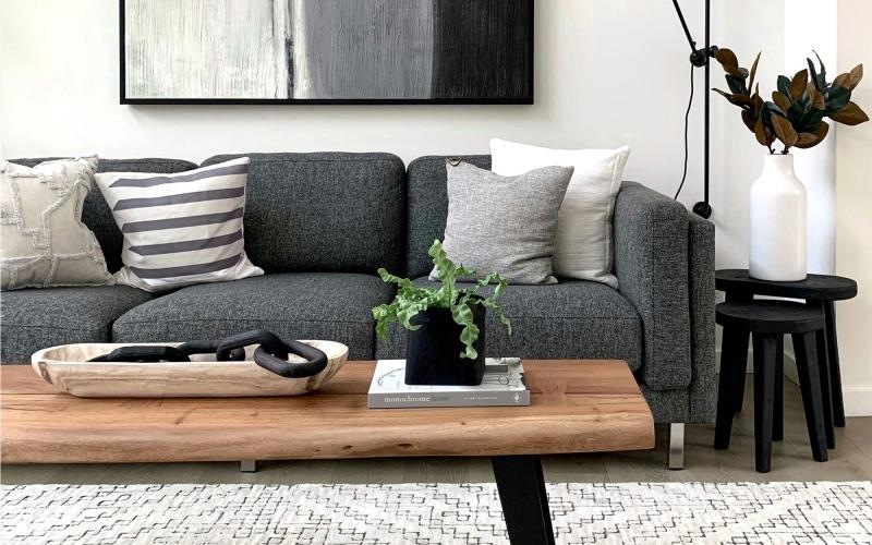 a couch with a coffee table with a plant and decor on it